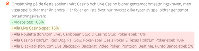regler villkor omsättningskrav casino bonus